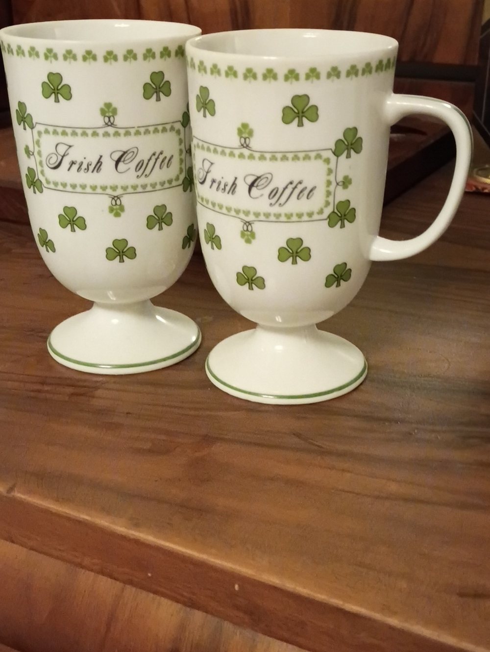 Irish Coffee Pedestal Mugs - White with Green Shamrock Design